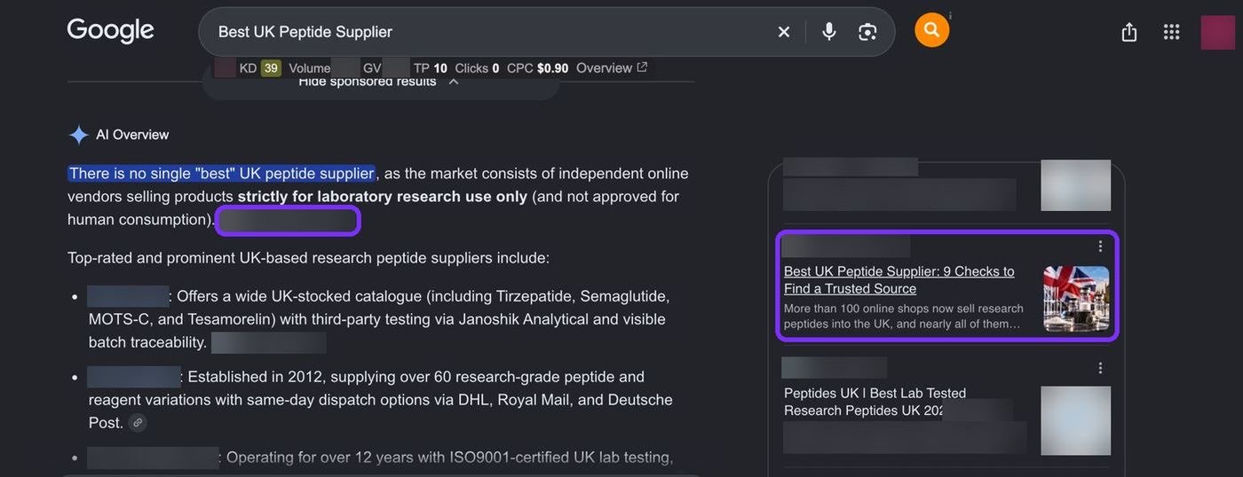 The AI Overview citing the client's guide, with the source highlighted.