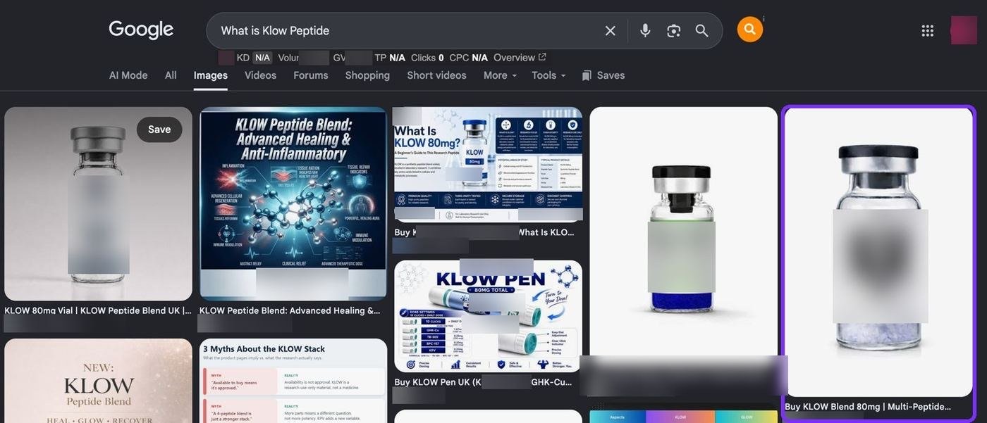 For "what is KLOW peptide", the client's product image appears on the first row.