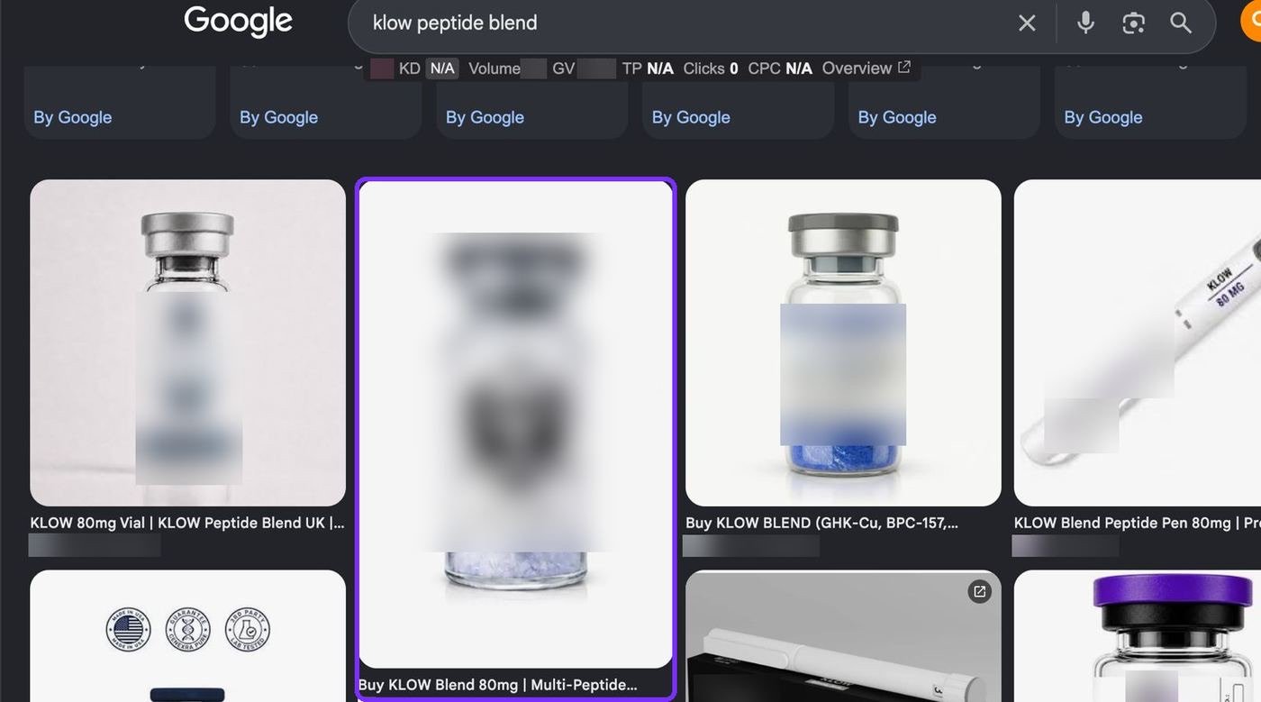 For "KLOW peptide blend", the client's product is the second image result.
