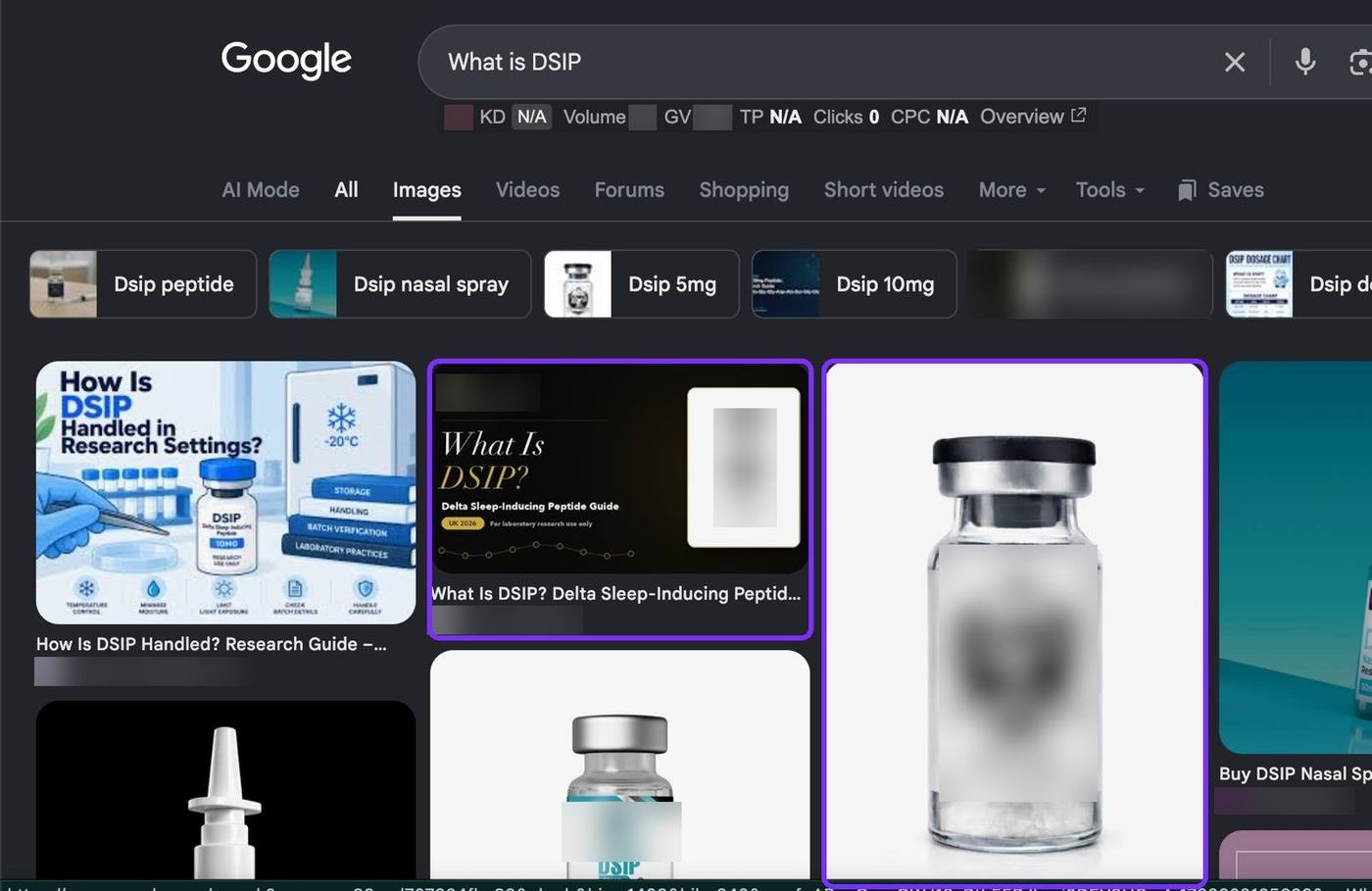 For "what is DSIP", the client has two results on the first row, and Google suggests the brand as a related search.