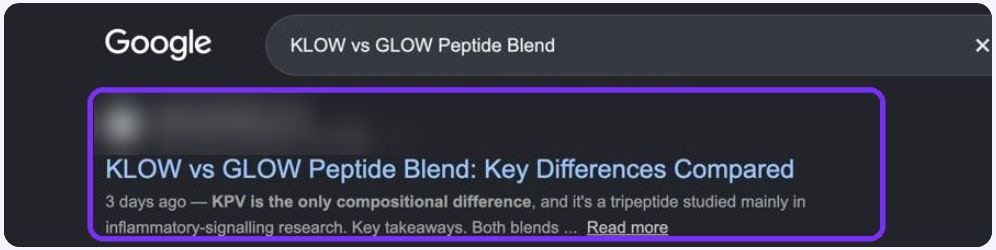 The client's comparison post in position 3 on Google.
